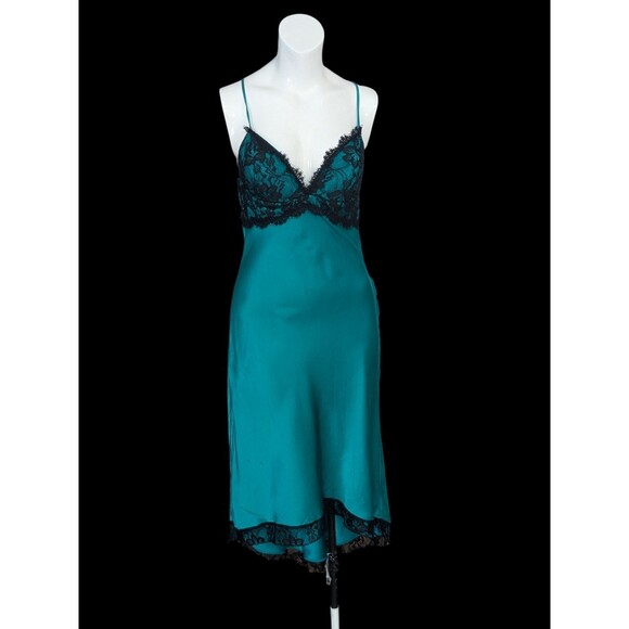 VTG Cache Y2K 100% Silk Slip Midi Dress Teal Black Lace High Low Sexy Lingerie - Picture 2 of 10